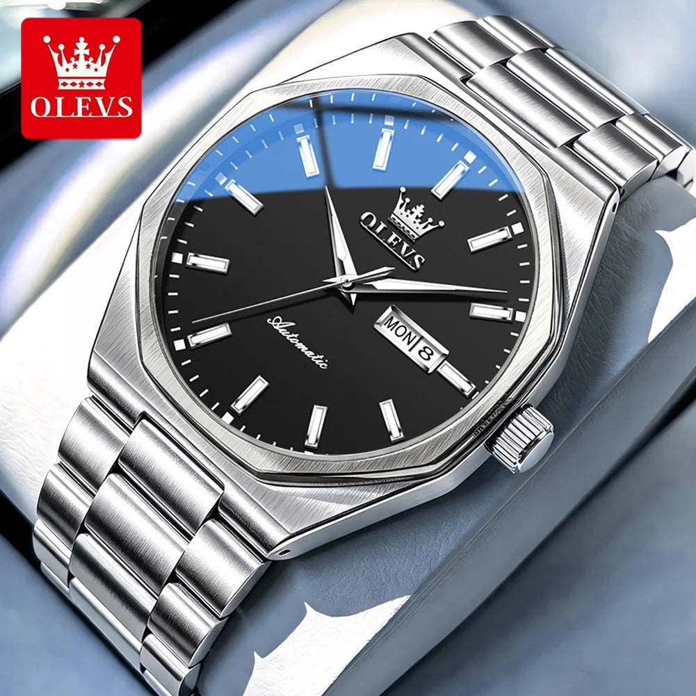 Reloj OLEVS 6786 para hombre, movimiento mecánico, diseño de sección transversal 3D, luz nocturna, ventana de calendario, día de la semana, correa de acero