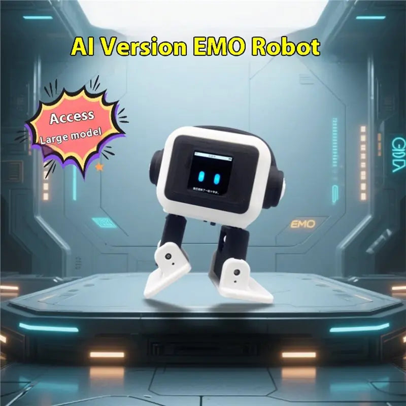 Robot compañero negro y blanco sobre plataforma con pantalla y dos luces azules