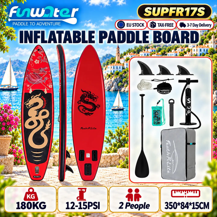 Funwater SUPFR17S: tabla de paddle surf inflable, conjunto de 350x84x15 cm, capacidad de 180 kg, tabla de paddle surf roja, soporte para cámara de acción, tabla de surf para paseos, yoga acuático, pesca, deportes acuático