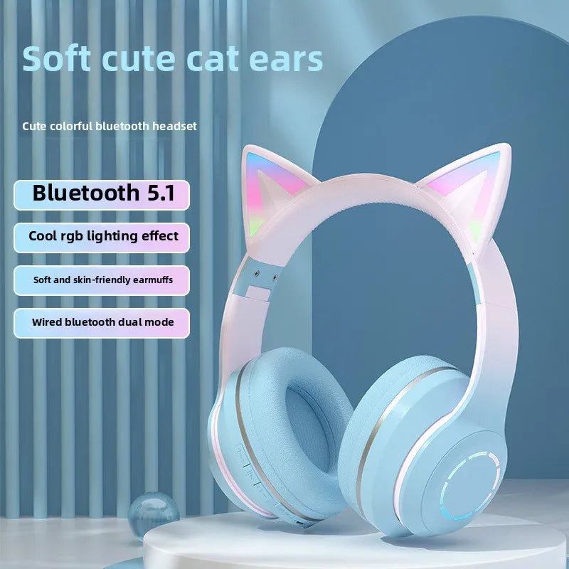 Nuevos Auriculares Bluetooth RGB de Diadema Más Vendidos, Color Degradado, LED Luminoso, Orejas de Gato, Auriculares Inalámbricos, Lindos Auriculares para Chicas
