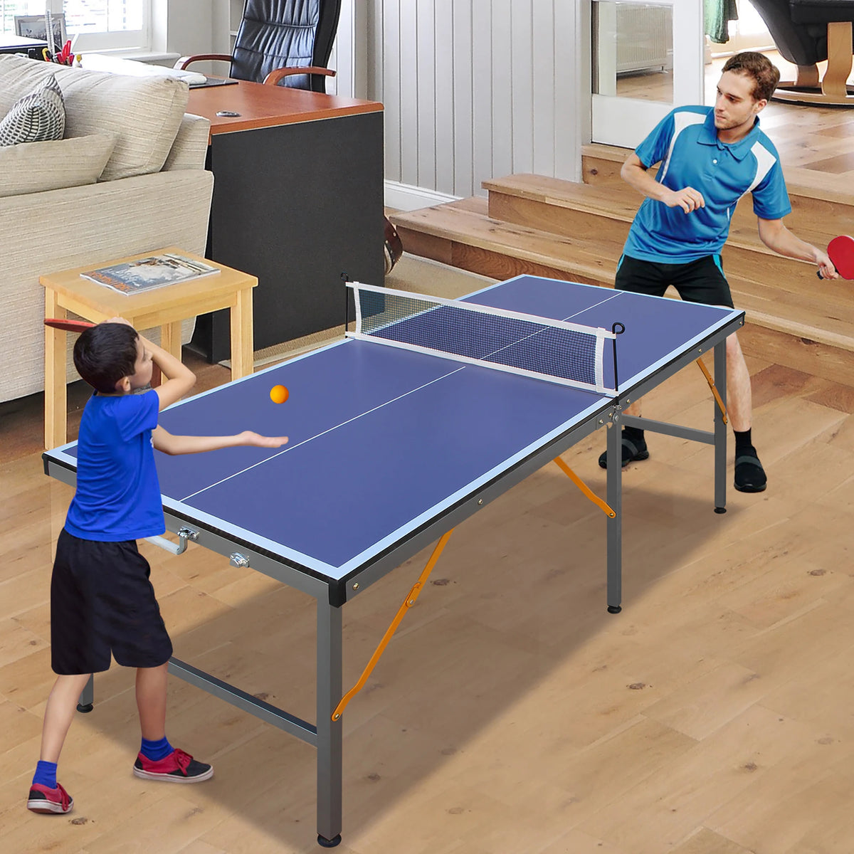 Mesa de ping-pong plegable con red, 2 palas y 3 pelotas - Panel azul de alta densidad, diseño estable de 6 patas, portátil para uso en interiores/exteriores, para niños y adultos