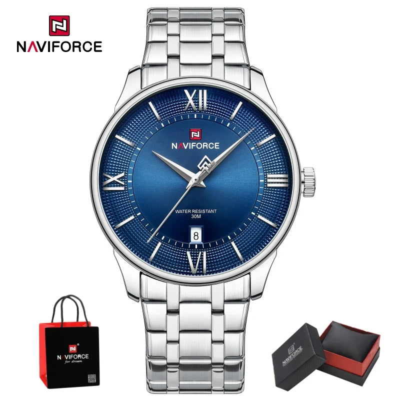 NAVIFORCE Men Elegant Quartz Wristwatch 3ATM Waterproof Calendar Stainless Steel Business Formal Watch Wristwatch Gifts box