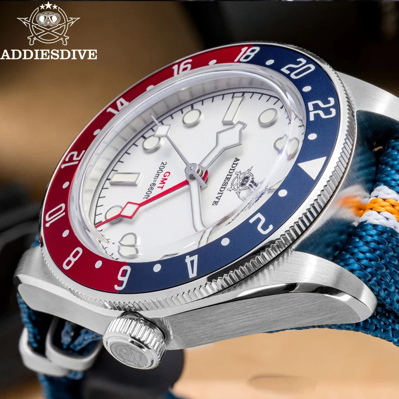 Reloj GMT de lujo para hombre ADDIESDIVE AD2044, cristal de burbuja, cuarzo suizo Ronda, reloj de negocios para hombre, resistente al agua 200 m, luminiscencia BGW9