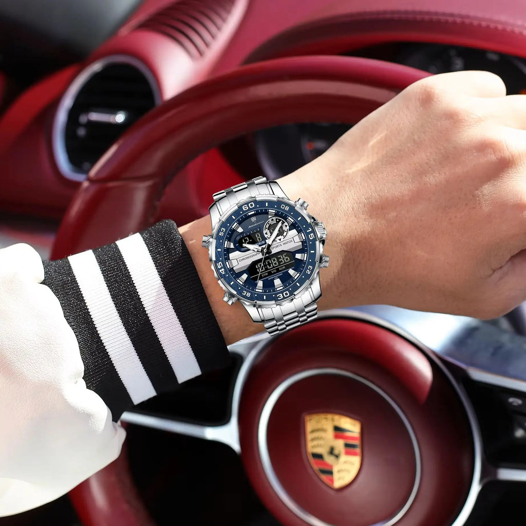 Reloj de lujo para hombre POEDAGAR con LED superior, resistente al agua, electrónico, con doble visualización de hora, digital, de cuarzo y acero inoxidable