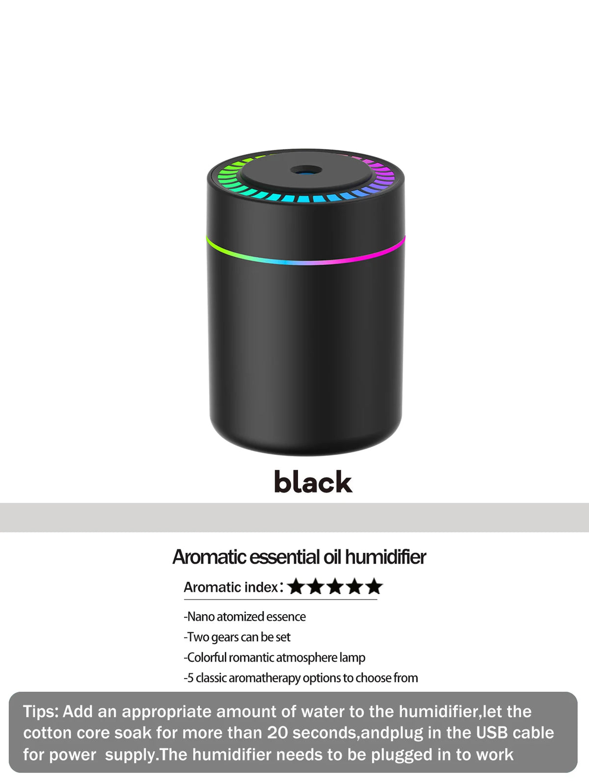 Difusor de aromaterapia de 180ml, humidificador, aceite esencial de aromaterapia, purificador de aire, coche para dormir, llevar en casa, luz LED de 7 colores