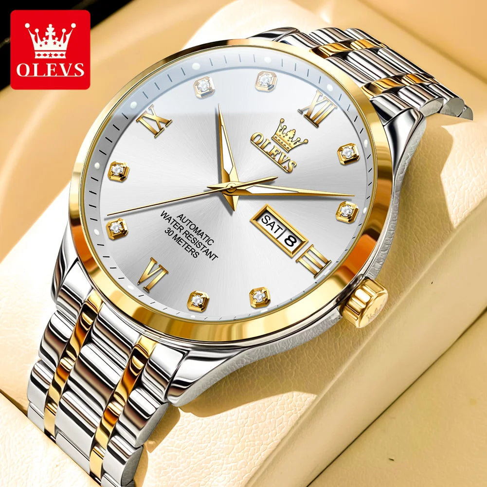 Reloj original para hombre OLEVS 9946, reloj mecánico automático de lujo con calendario doble y escala de diamantes para hombre, relojes de pulsera de negocios