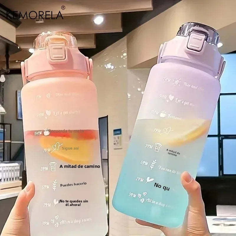 Botella de agua de 2L con pajita, botella de agua deportiva de gran capacidad, botella portátil para viajes, fitness y deportes con marcador de tiempo.