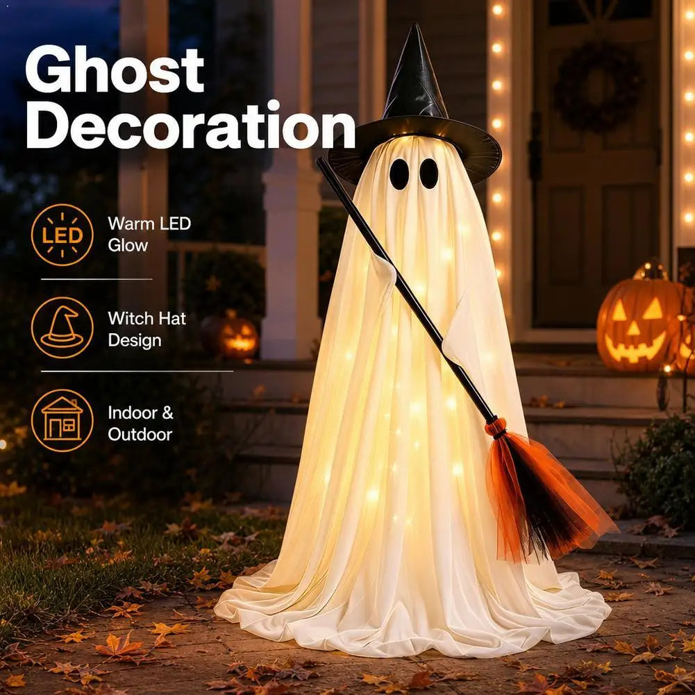 LED Ghost Light Witch Broom Halloween Outdoor Decoration Spooky Lamp Garden Lawn Yard Porch Party Festival Home Tree Ornament