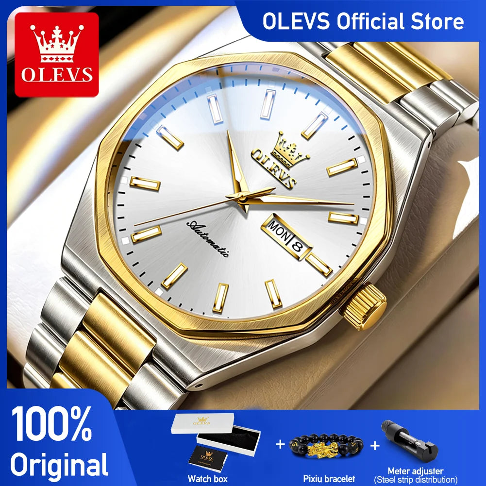 Reloj OLEVS 6786 para hombre, movimiento mecánico, diseño de sección transversal 3D, luz nocturna, ventana de calendario, día de la semana, correa de acero