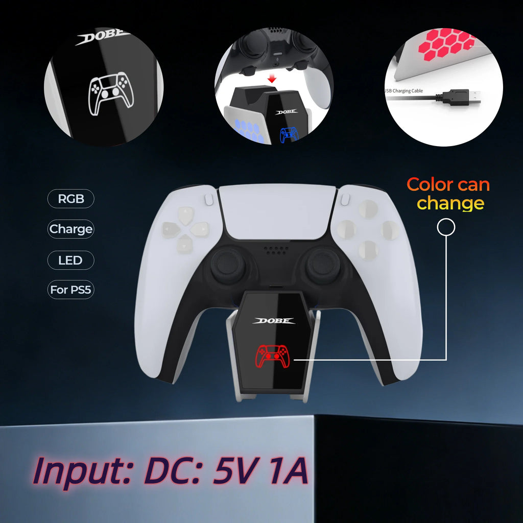 DOBE Single PS5 Gamepad Charging Dock, LED Indicator&RGB Light Charger for PS5 DualSense&Elite Controller, Compact Portable