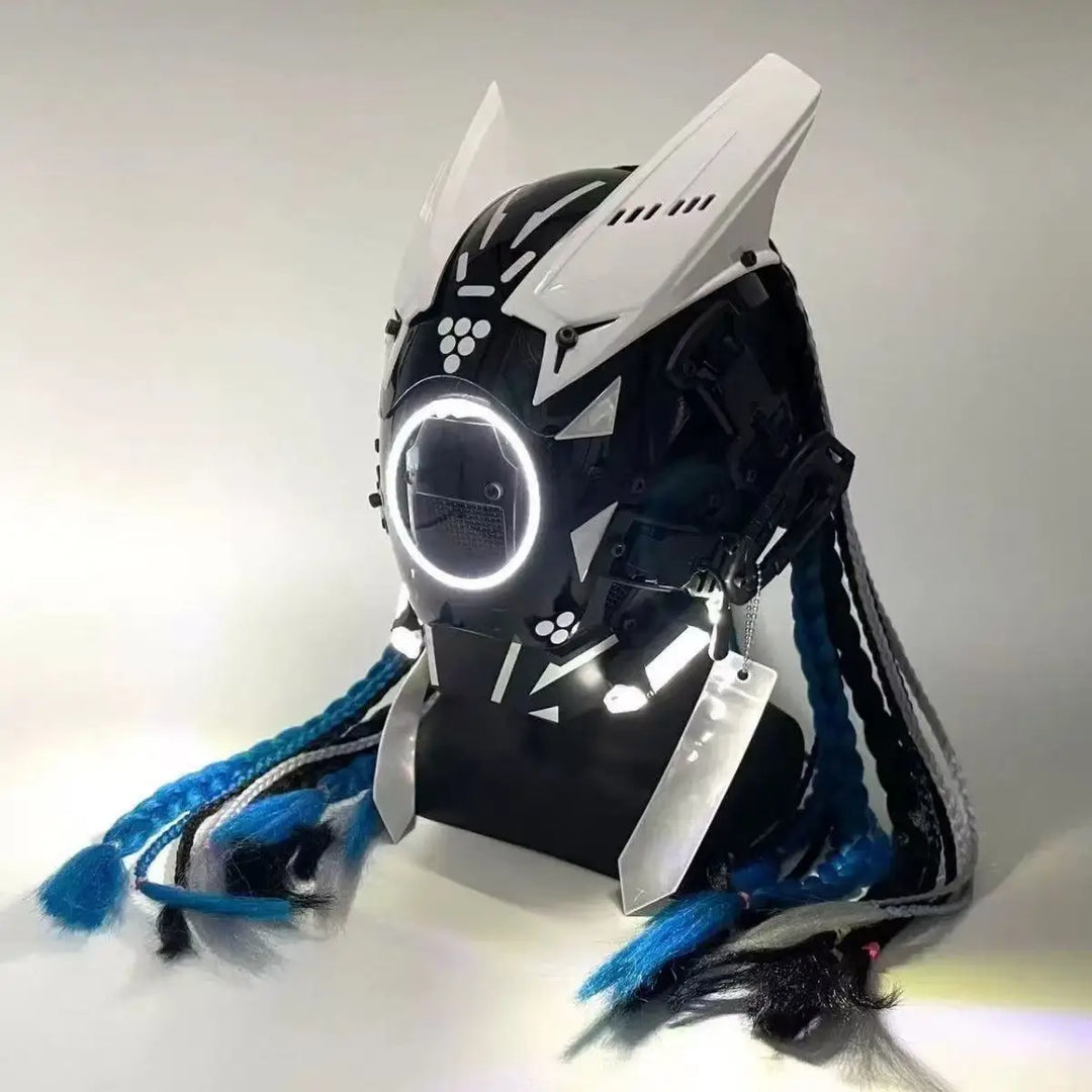 Máscara facial completa negra Cyberpunk, disfraz de cosplay de Halloween, casco técnico futurista, luz LED, caballero punk
