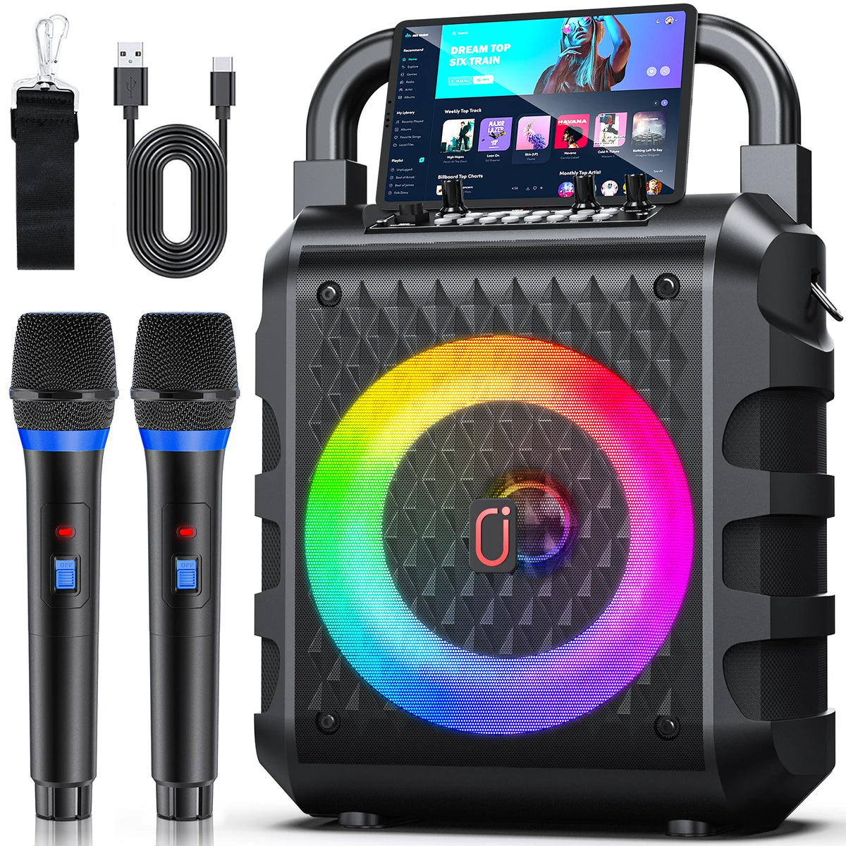 FanFun Wireless Speaker, Portable Bluetooth Speaker with Microphone and LED Light, Karaoke Speaker Machine, Home Karaoke System