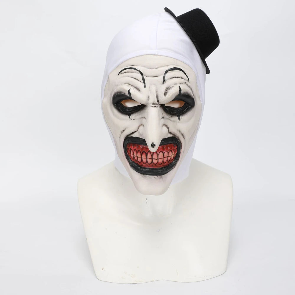 Espeluznante arte terrorífico la máscara de payaso Cosplay Horror Demon Killer Joker sombrero casco de látex fiesta de Halloween accesorios de disfraz Purim