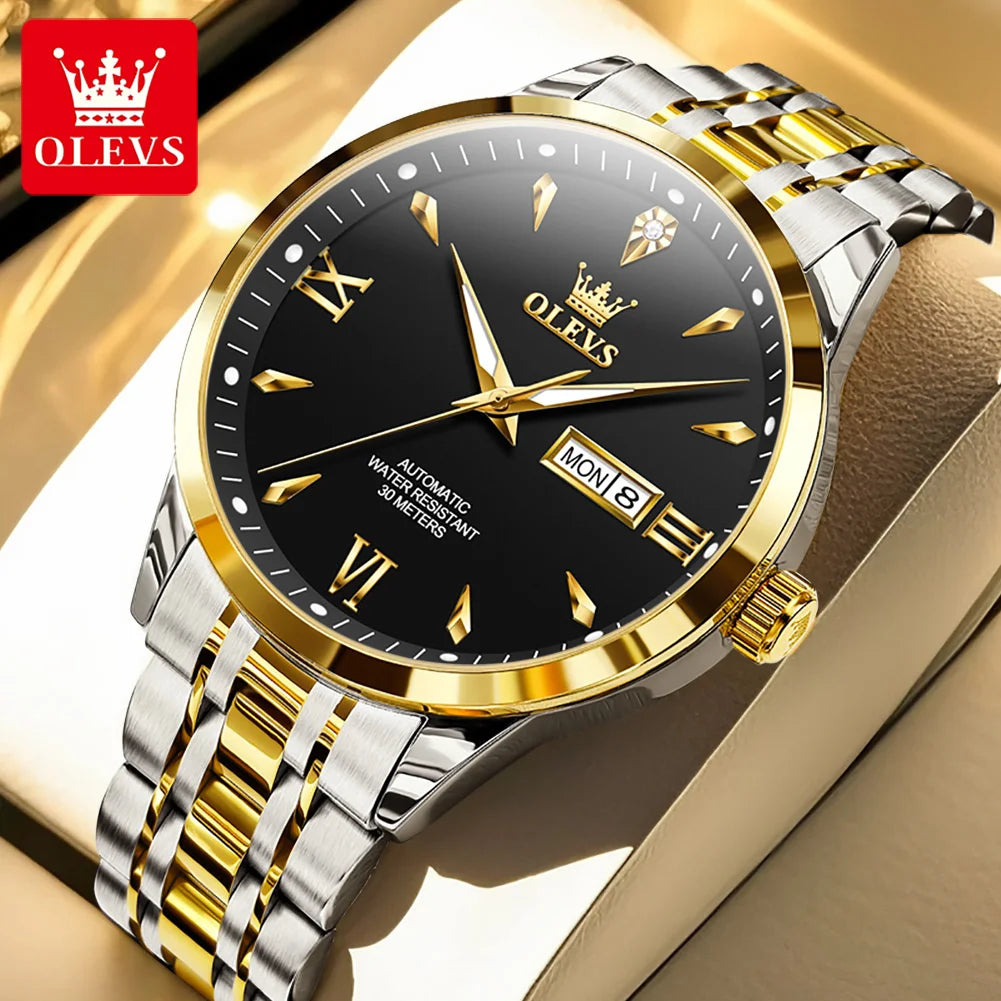 Reloj mecánico automático OLEVS 9956 para hombre, de acero inoxidable, resistente al agua, con fecha y día, versión de lujo original mejorada