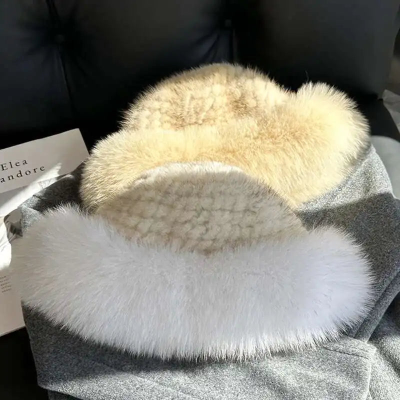 Gorro de piel de visón auténtica para mujer, gorro de pescador a la moda de invierno, gorro de piel de visón Natural con gorros de piel de zorro, gorro de bombardero de punto ruso