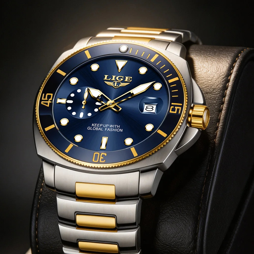 Reloj LIGE moderno para hombre, resistente al agua, luminoso, con calendario, de acero inoxidable, reloj de cuarzo para hombre, estilo deportivo y de negocios + caja