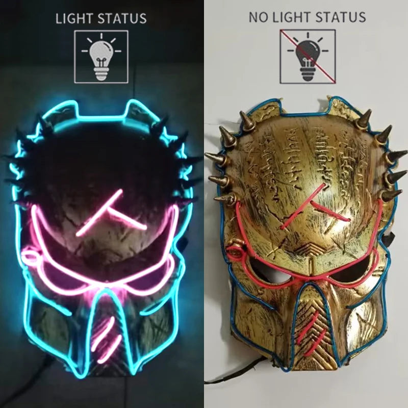 Máscara de depredador de película de Cosplay, accesorio de fiesta de cara completa, máscara Led de neón, iluminación en la oscuridad para decoración de fiesta de Halloween