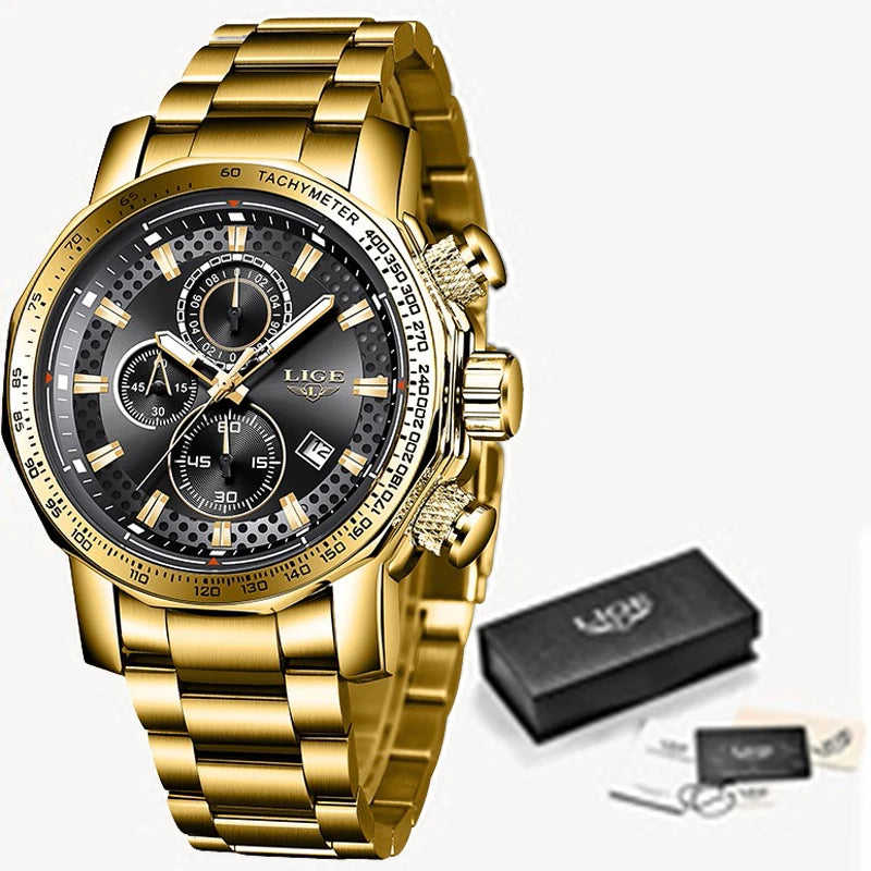Reloj de negocios LIGE para hombre, de moda, militar, deportivo, resistente al agua, reloj de pulsera de cuarzo, de marca de lujo, de acero completo, reloj grande para hombre