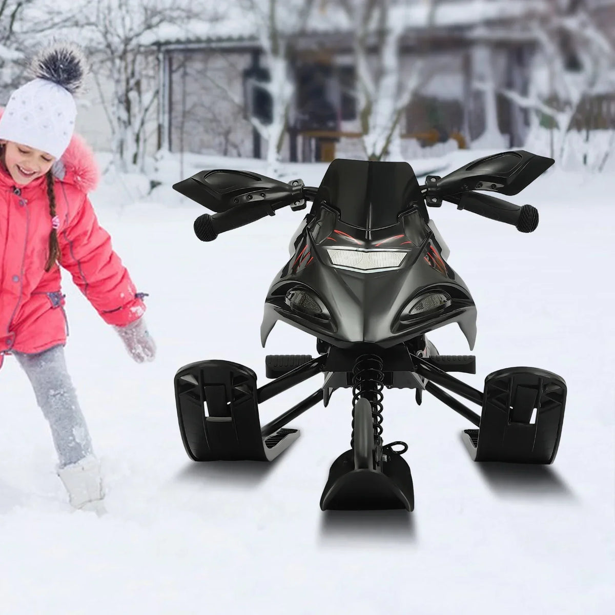 Trineo de nieve 3-Skis de acero de 1,2 mm para niños mayores de 3 años - 80 kg de capacidad de carga Cojín de PU ajustable Equipo deportivo de invierno con freno