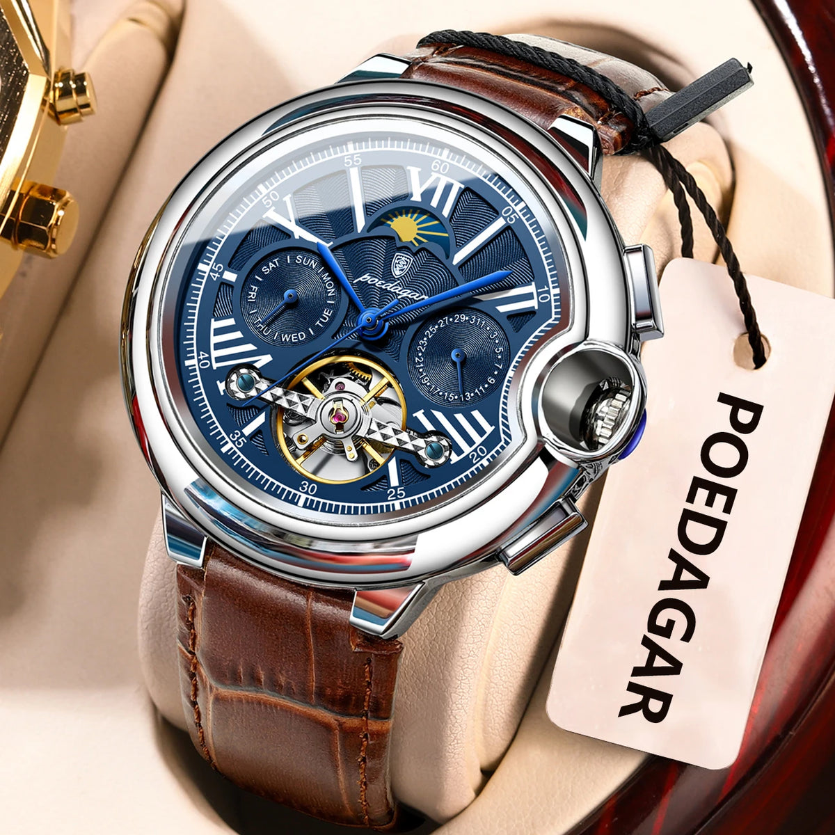 Reloj POEDAGAR de lujo para hombre, de negocios, con fecha, día, tourbillon de acero inoxidable, reloj mecánico automático impermeable para hombre