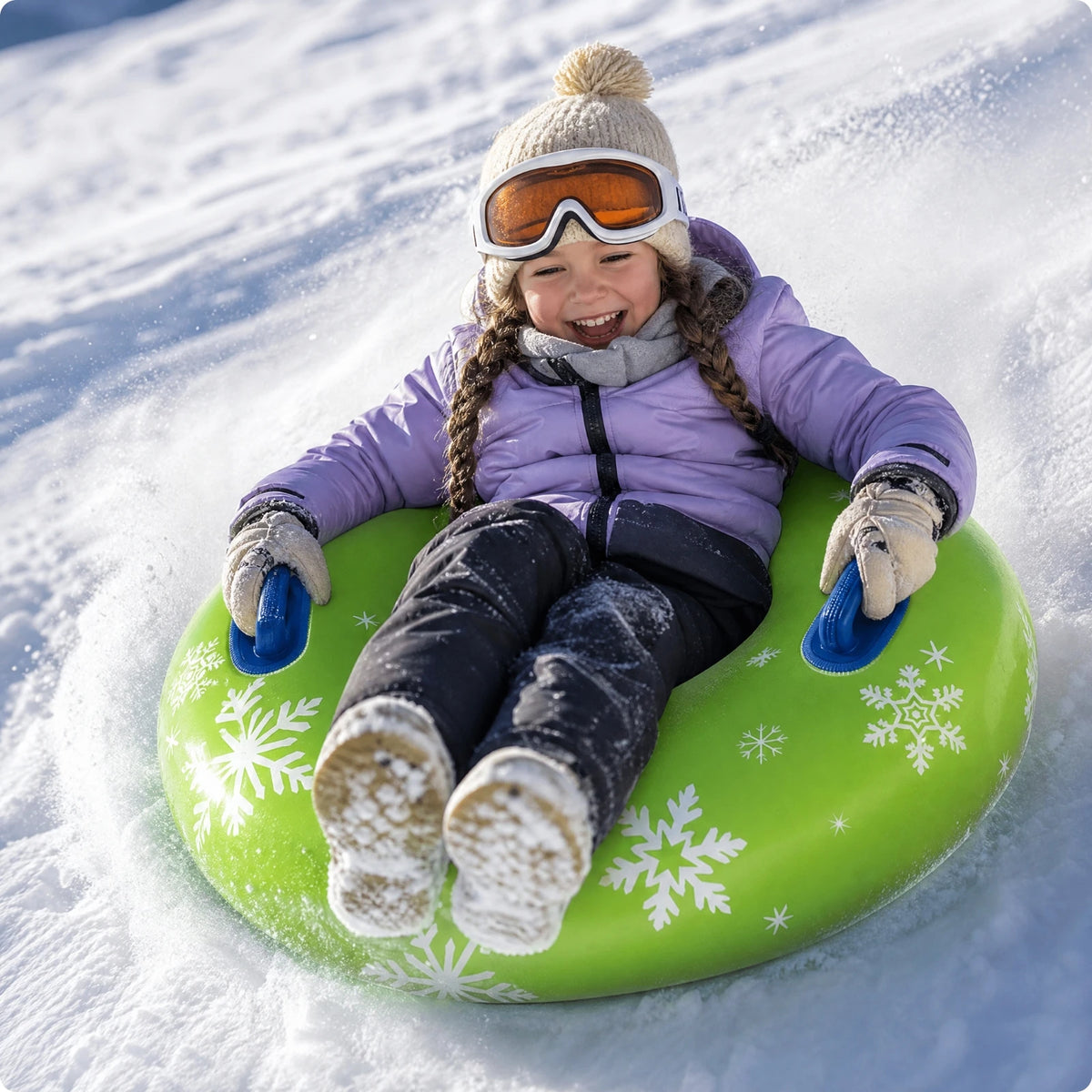 Trineo de nieve inflable, cómodo, ideal para usar en exteriores, seguro para familias, para descender por colinas nevadas y para jugar en el patio trasero durante el invierno.