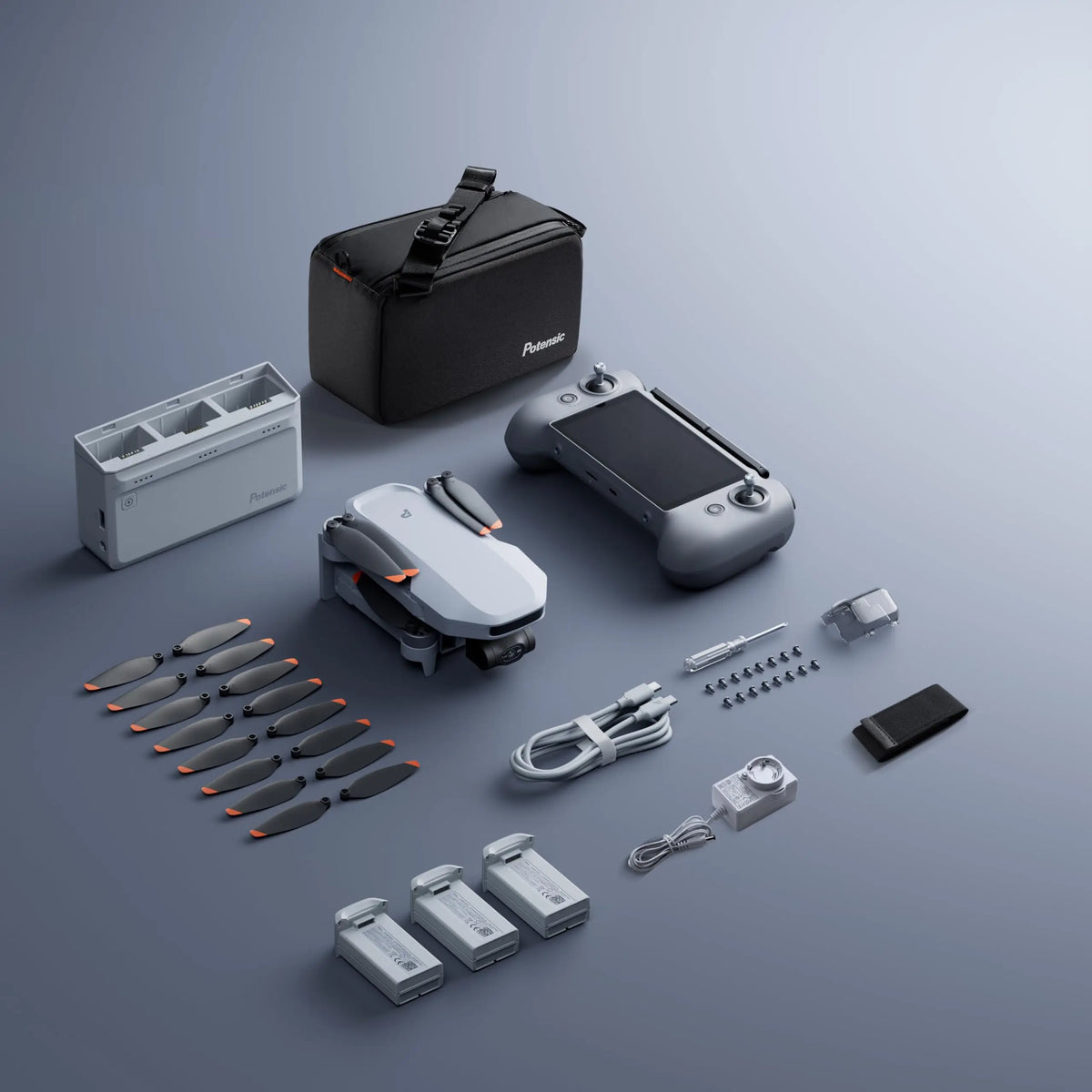 Kit de dron plegable con control remoto, estuche y hélices de repuesto