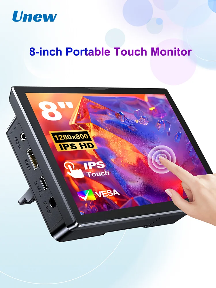 Monitor táctil Unew Premium de 8 pulgadas, 1280x800, 16:10, pantalla ancha HDMI para proyectos de bricolaje y pantalla táctil, ventiladores y altavoces integrados