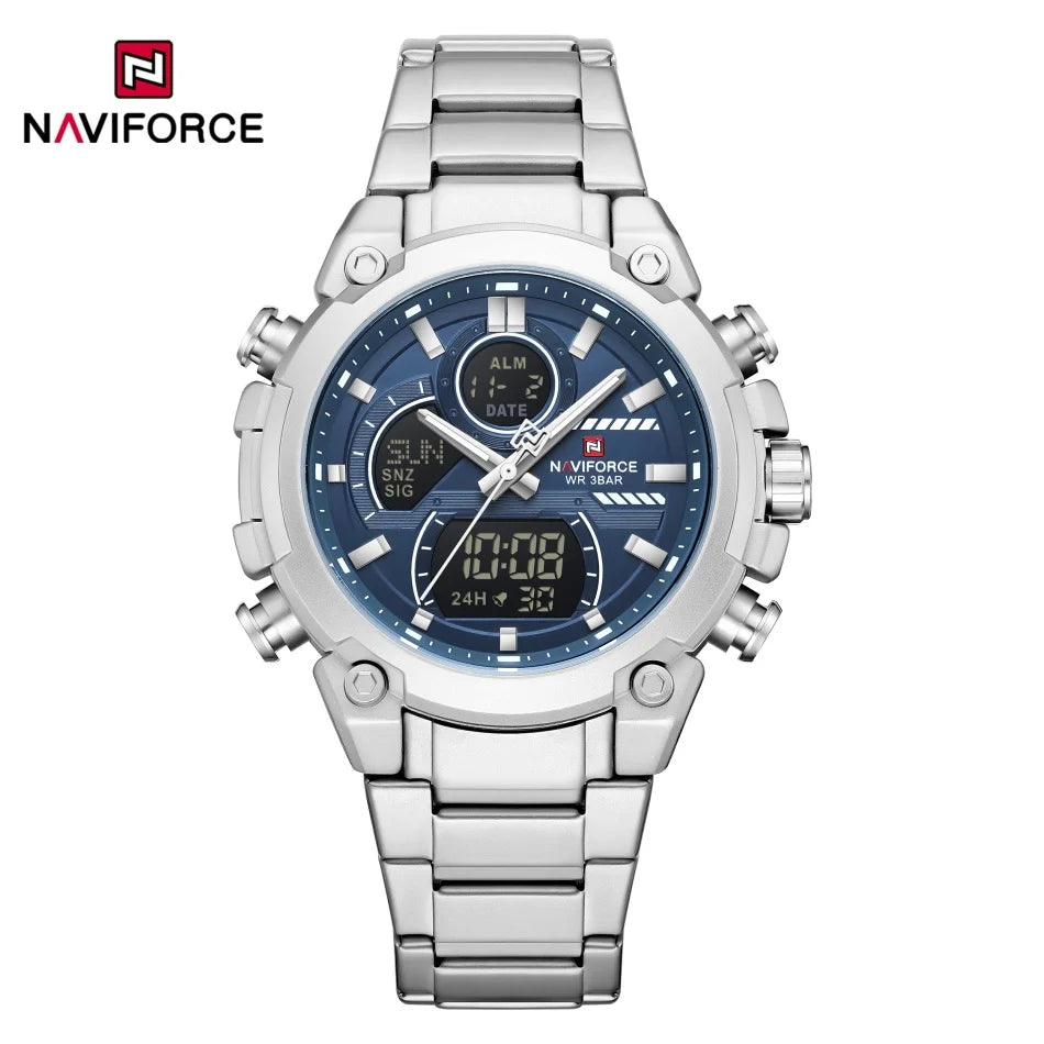 Nuevo reloj para hombre NAVIFORCE, resistente al agua, con cuenta regresiva, deportes, doble pantalla, reloj de pulsera de cuarzo, LCD, luminoso, alarma y reloj digital.