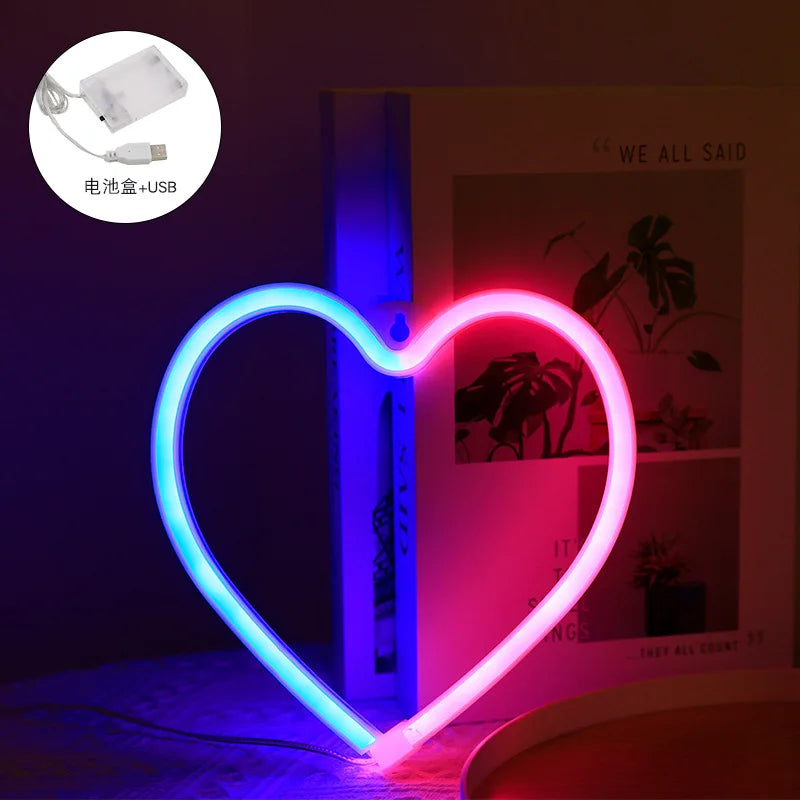 Letrero LED con corazón multicolor azul y rosa, con alimentación USB