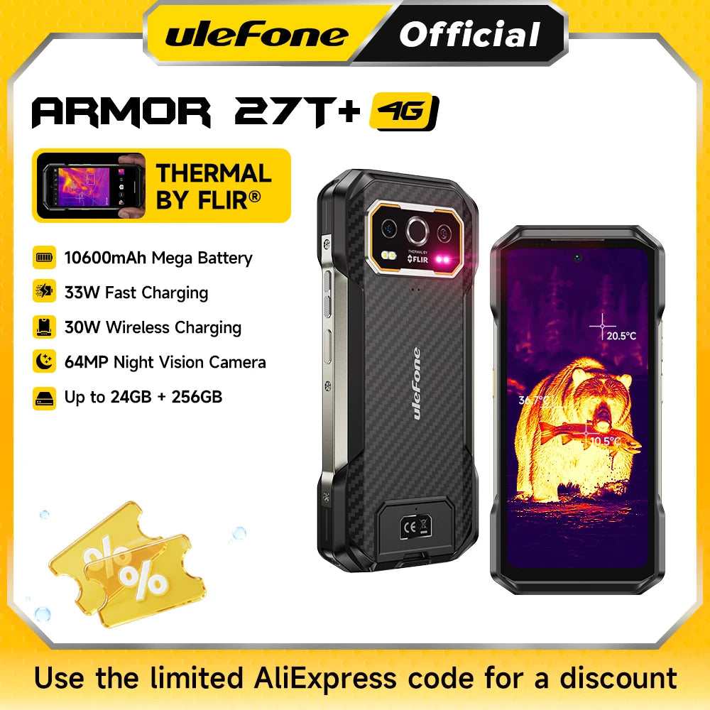 Smartphone resistente Ulefone Armor 27T+ 4G con cámara térmica FLIR®, 10600mAh, hasta 24GB+256GB, pantalla FHD de 6.78" a 120Hz, visión nocturna y Android 15