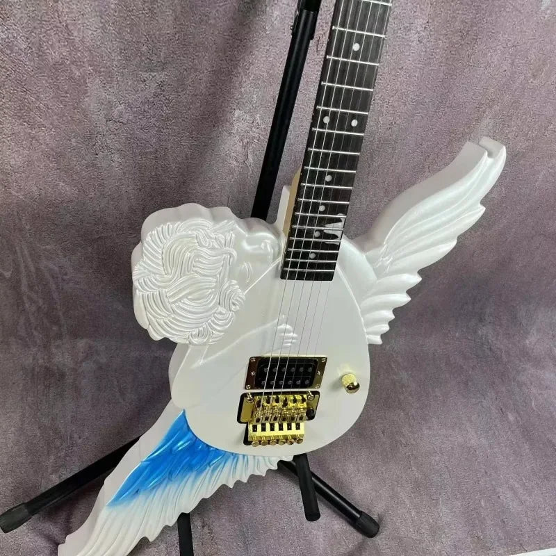 Guitarra Eléctrica SP, Guitarra Personalizada Blanca con Diseño de Ángel Tallado a Mano