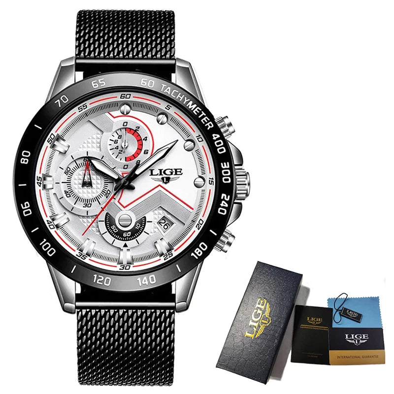 Reloj de cuarzo LIGE de marca superior de lujo para hombre, reloj de moda de negocios con correa de malla, resistente al agua, luminoso, cronógrafo