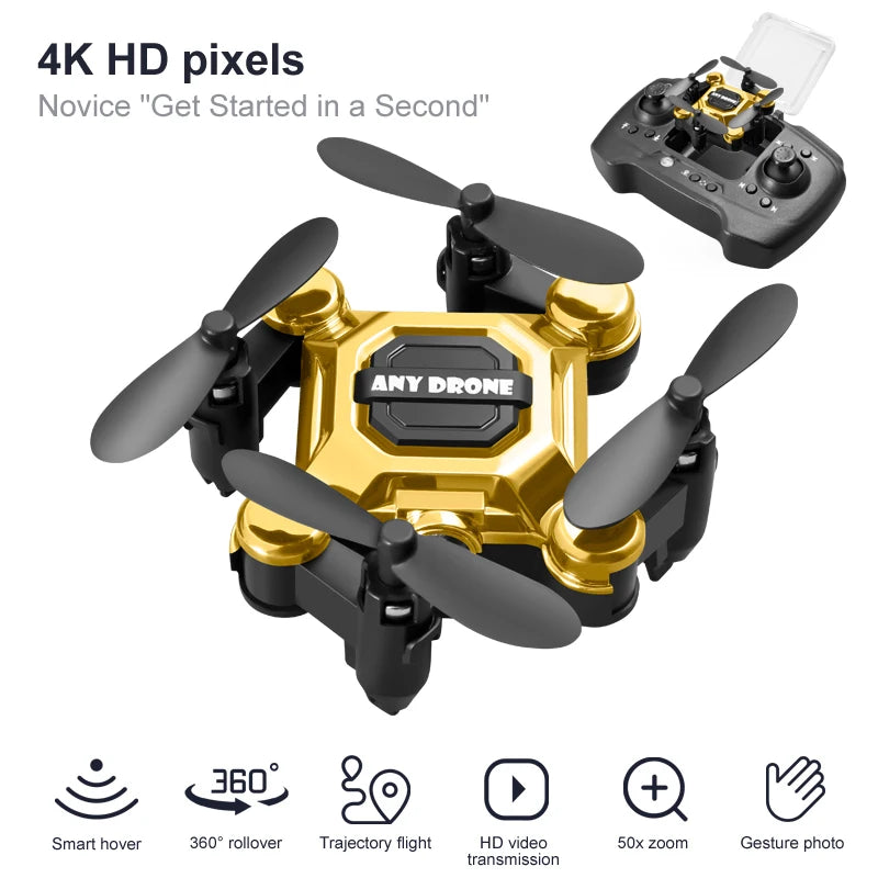Dron mini dorado con cámara, hélices plegables y control remoto