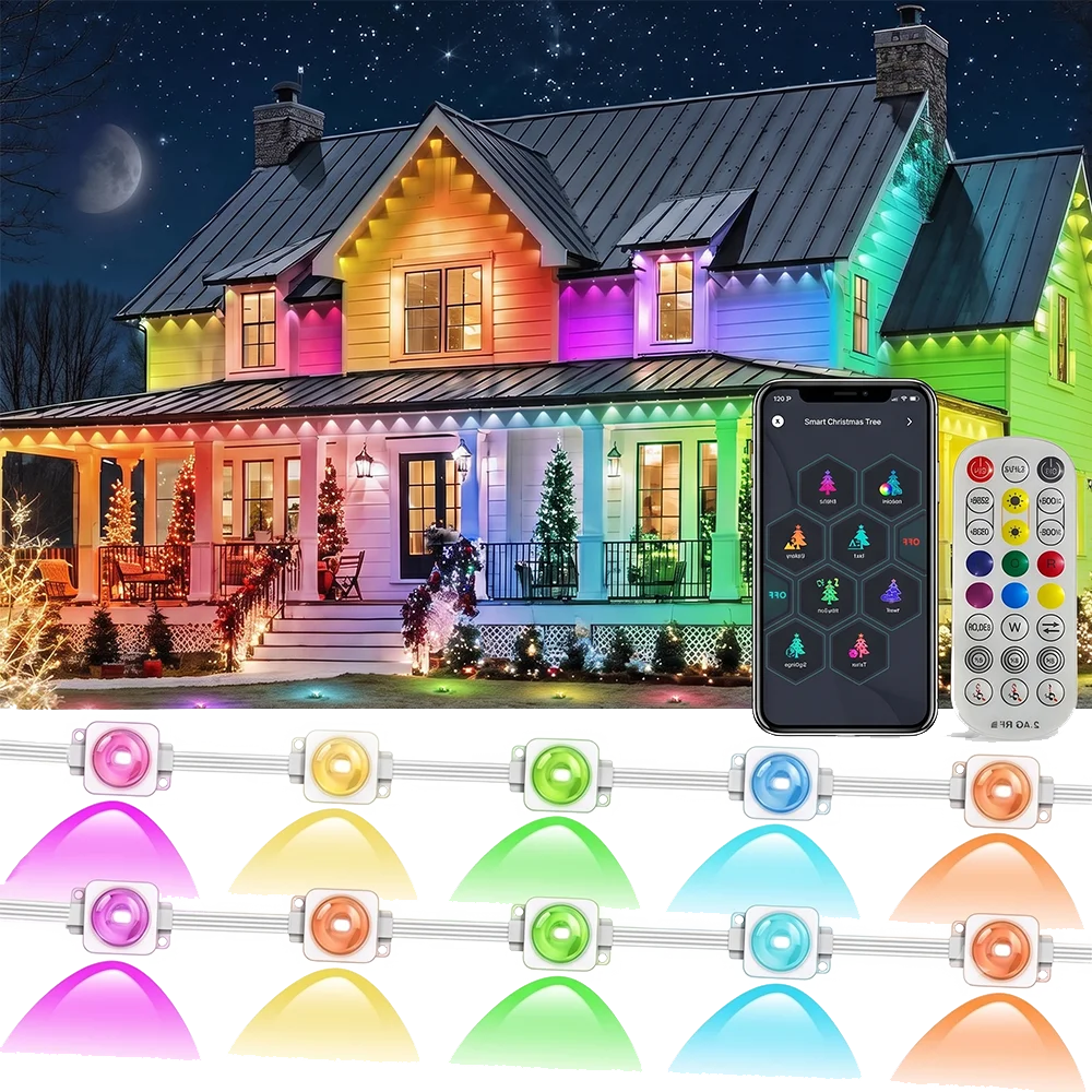 Luces RGBIC para aleros de 45M/60M/90M, luces LED permanentes para exteriores con control remoto por aplicación, guirnalda de luces impermeable IP67 para Navidad