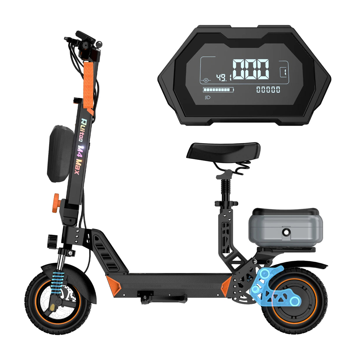 Patinete eléctrico plegable negro y naranja con pantalla LED y asiento acolchado