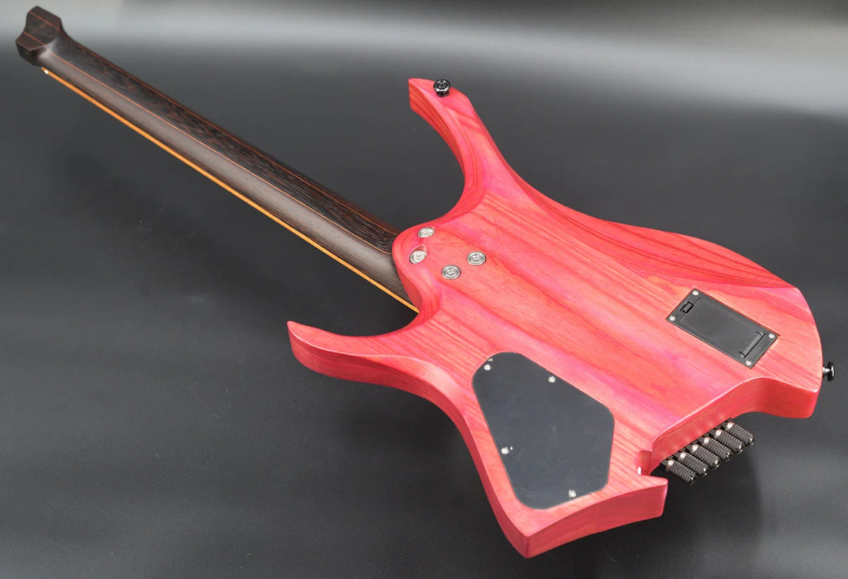 Guitarra eléctrica sin cabeza NK 2026, 6 cuerdas, trastes en abanico, color rosa, madera de álamo con vetas, 3 piezas, mástil de madera de wengué