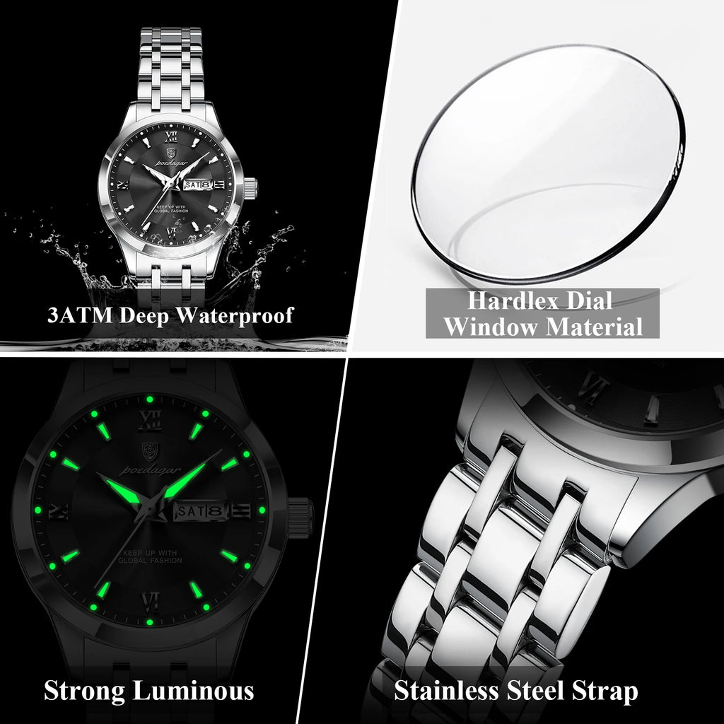POEDAGAR Reloj de cuarzo de lujo para mujer, luminoso, de acero inoxidable, resistente al agua, con fecha y día, reloj de moda para mujer