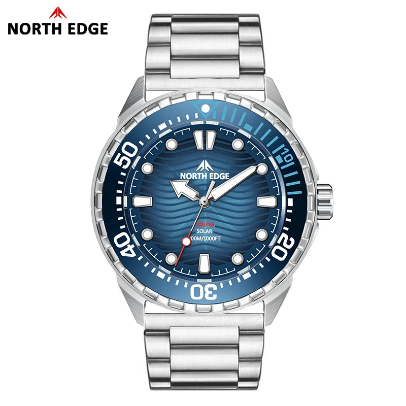 Reloj de buceo solar NORTH EDGE TRITON para hombre, reloj deportivo de buceo profesional de lujo con cuarzo, acero inoxidable 316L y sumergible a 300 m