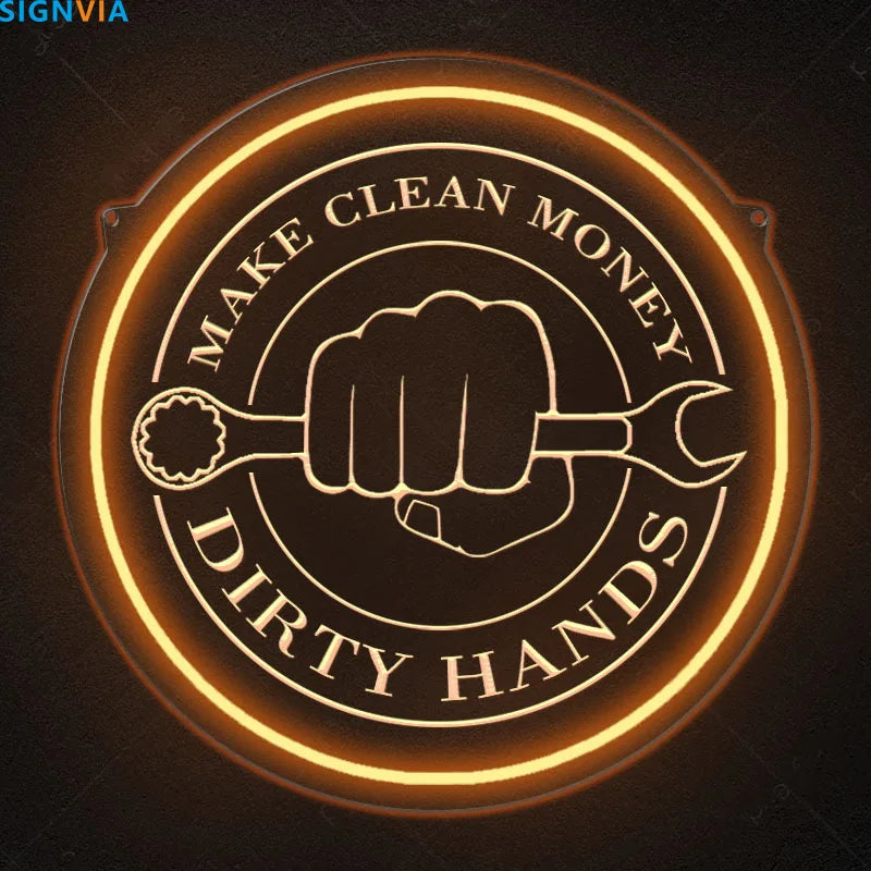 Cartel de neón circular USB con borde dorado, manos y “MAKE CLEAN MONEY”.