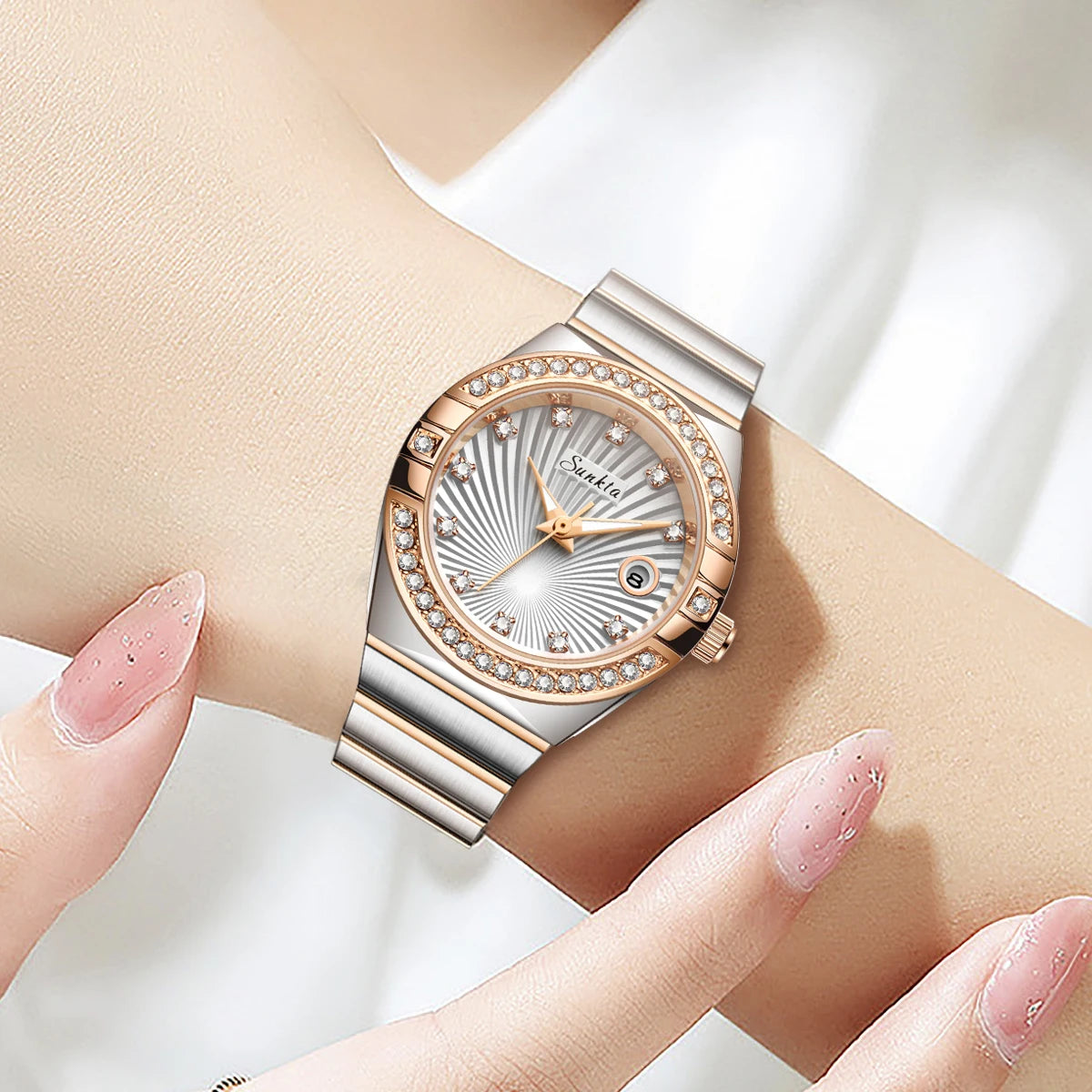Reloj de mujer Sunkta LIGE de moda, lujo, elegante, retro, con diamantes, sencillo, de acero inoxidable, resistente al agua, casual, con calendario, de cuarzo para mujer