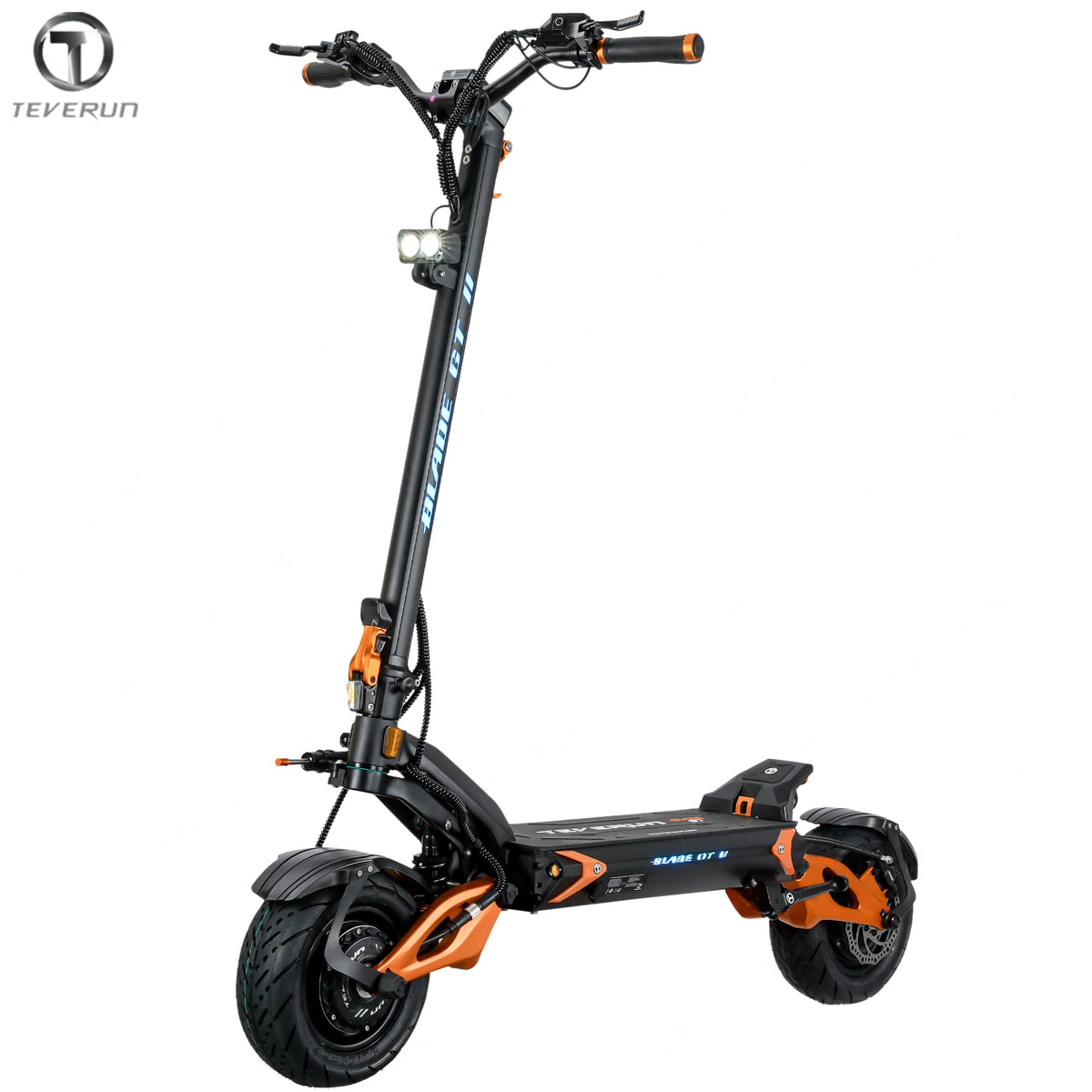 Patinete eléctrico negro con manillar y faro frontal, detalles naranjas