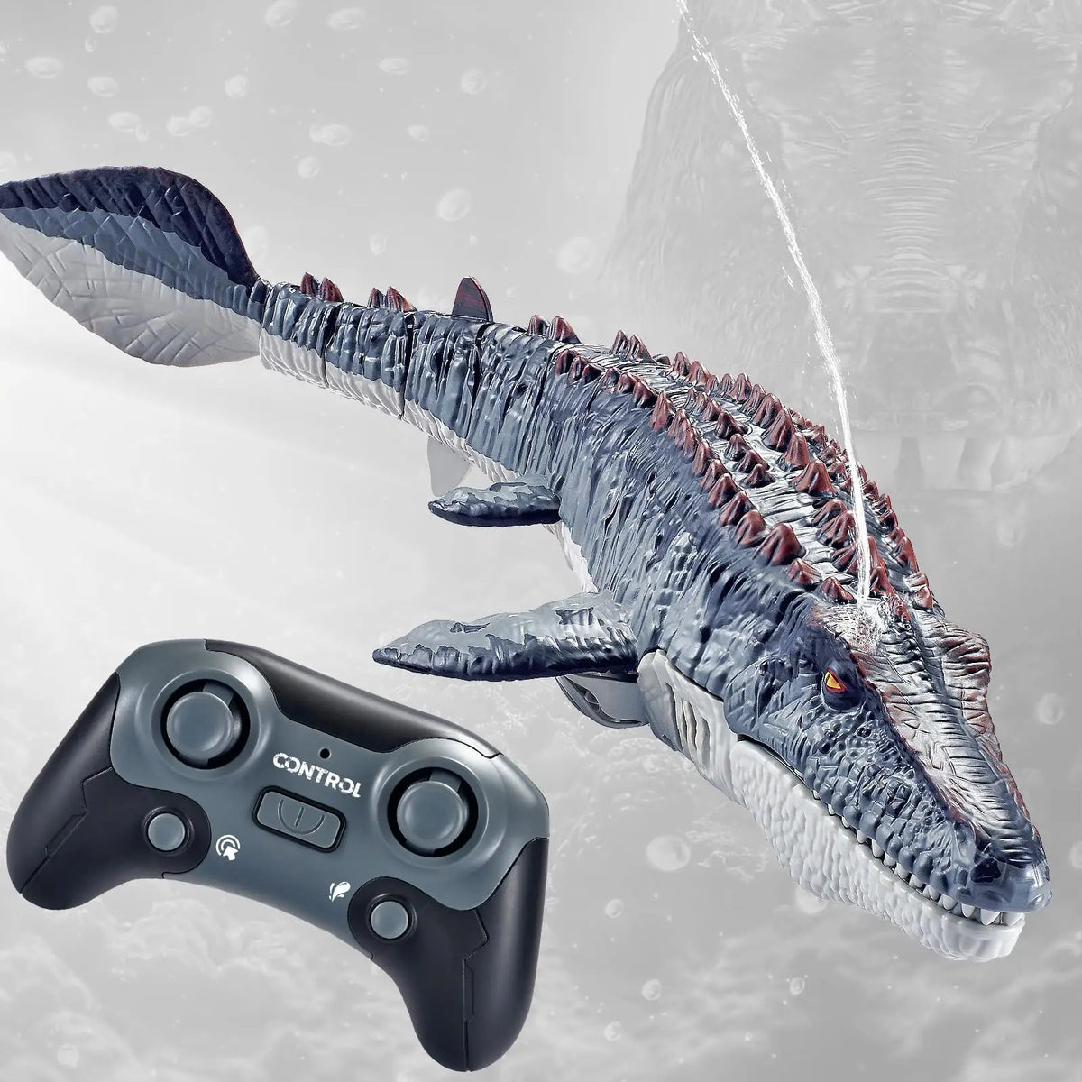 Juguete de dinosaurio nadador Mosasaurus a control remoto de 2.4GHz, barco RC, impermeable, con función de rociado, recargable por USB, para niños, piscina, lago, aire libre