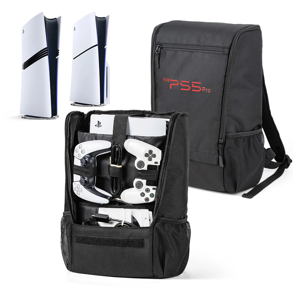 Mochila de transporte para PS5 Slim / PS5 Pro, bolsa duradera y cómoda de gran capacidad para consola con lector de discos/digital y accesorios