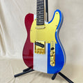 Guitarra Eléctrica Roja, Plateada y Azul con Brillantina, Rayas Verticales, Herrajes Dorados, Pastillas Individuales, Estilo Vintage Country Rock, En Stock