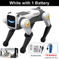 Perro robot RC blanco con 1 batería incluida y patas articuladas, luz LED azul.