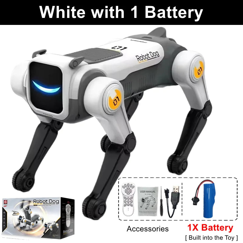 Perro robot RC blanco con 1 batería incluida y patas articuladas, luz LED azul.