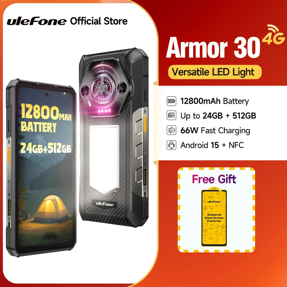 Smartphone Ulefone Armor 30 ultrarresistente, Android 15, 24GB+512GB, LED versátil, NFC, carga rápida de 66W, 12800mAh, altavoz potente, 6,95"
