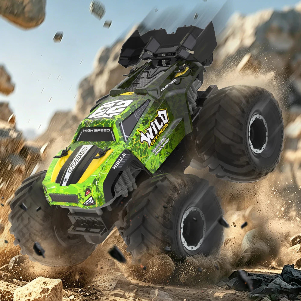 Coche RC todoterreno anfibio 4WD verde y negro con ruedas grandes y agarre