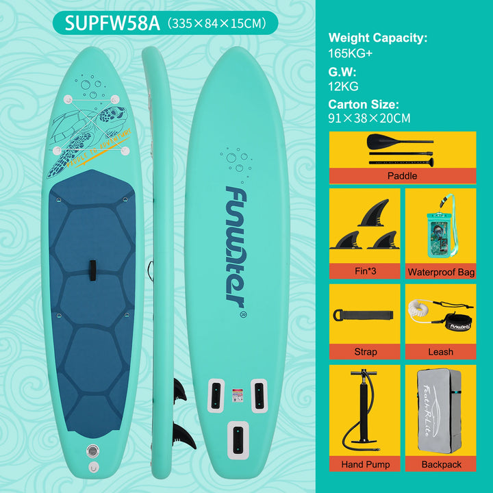 Tabla de SUP Inflable Funwater 335/350cm, Tecnología de Sellado Térmico, Kit Completo de Accesorios, Pala de Doble Punta, Stock Local en la UE