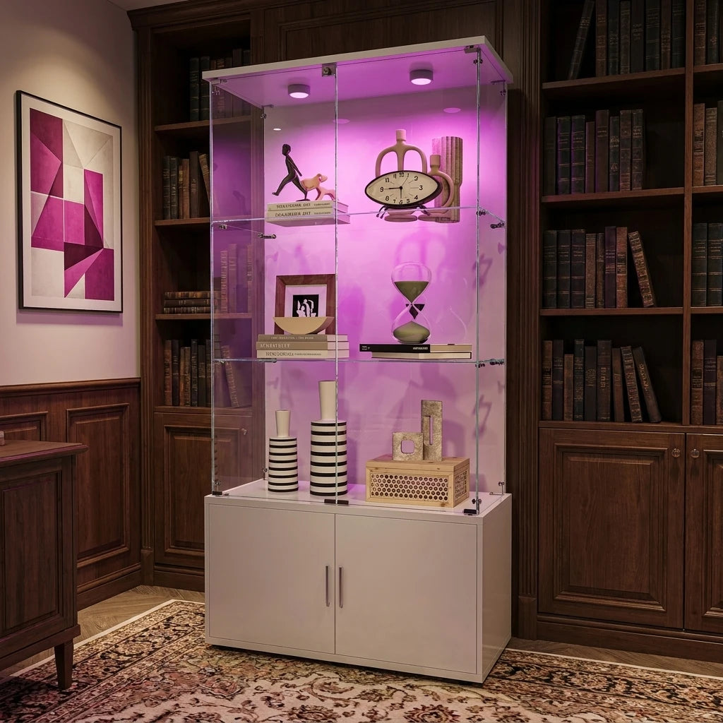 Superaly 78,5 cm × 35 cm × 164 cm, vitrina moderna de cristal, vitrina de cristal de 3 niveles + 1 nivel de armario, con espacio de almacenamiento para coleccionables, libros, vino, blanco
